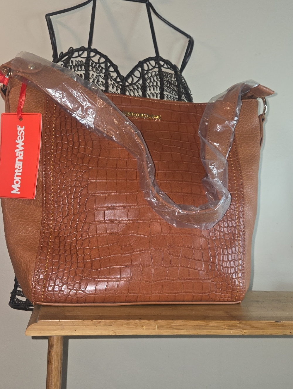 Montana West Cognac Croc-Embossed Shoulder Tote